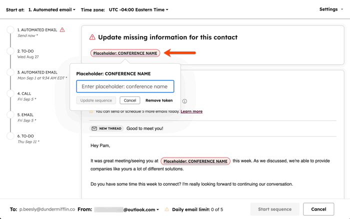 Missing personalization token values highlighted in red