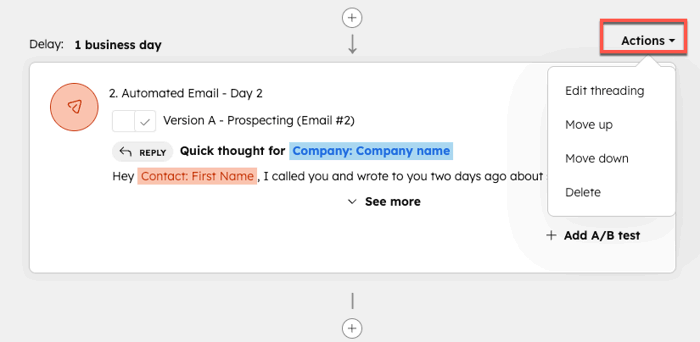 Reordering steps via the Actions dropdown
