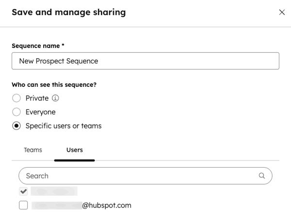 Save sequence and manage sharing permissions dialog