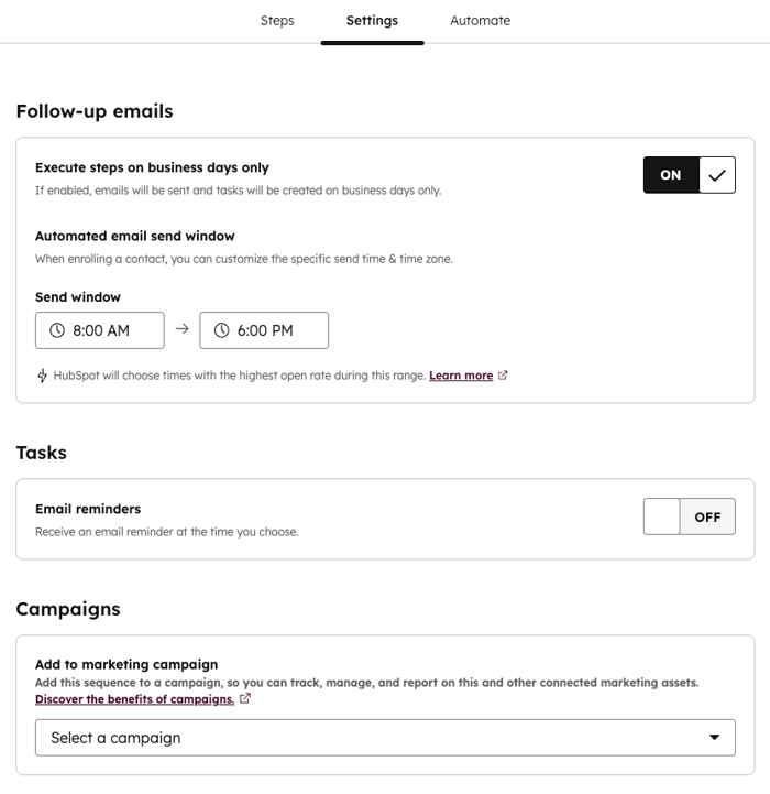 Full sequence settings: business days, send window, task reminders, campaign association