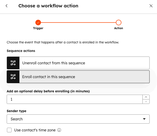 The Enroll in a sequence workflow action dialog